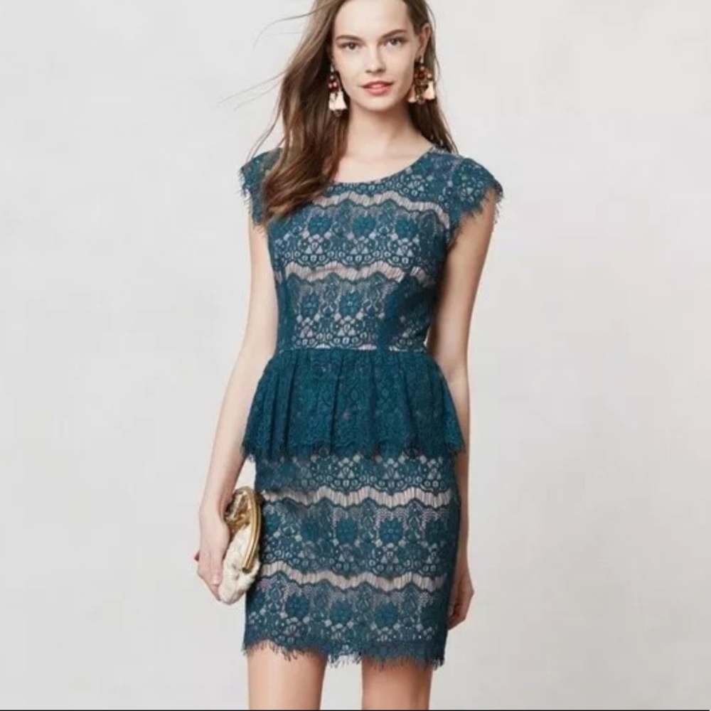 Maeve Elsa Teal Lace Peplum Sheath Dress